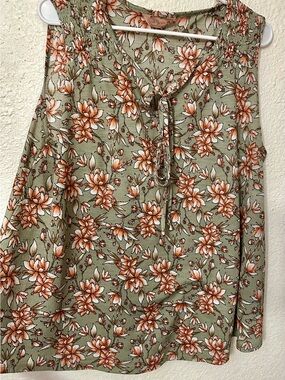 SJS Olive Green Floral Sleeveless Blouse with Orange Flowers